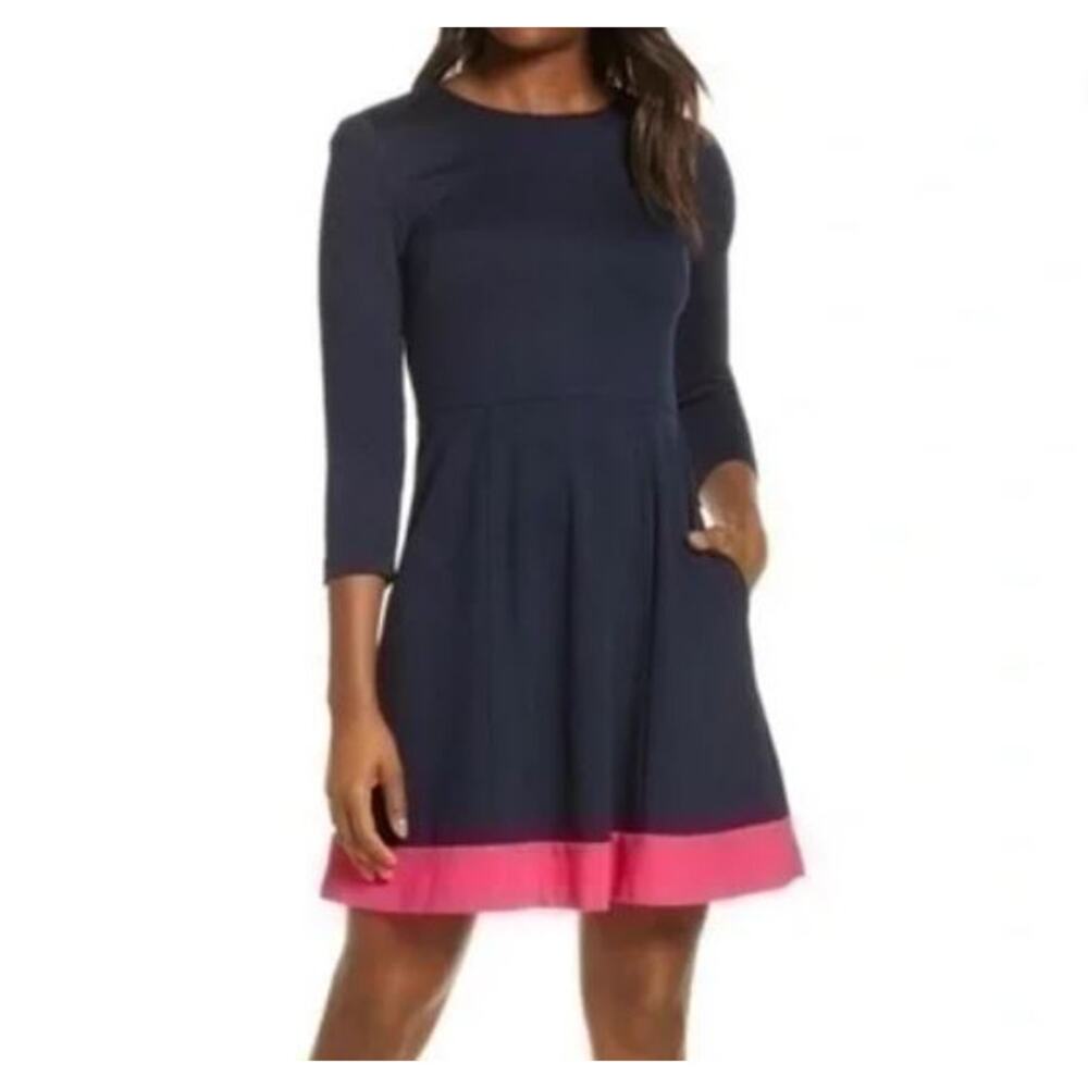 Eliza J Navy Blue Pink Colorblock 3/4 Sleeve Preppy Classic Fit & Flare Dress 4P